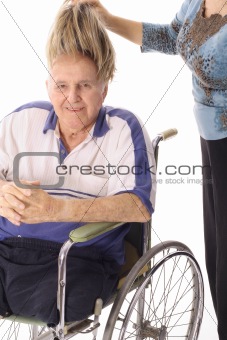 shot of a handicap man wearing a wig