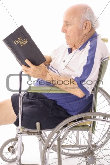 handicap senior in wheelchair reading the bible vertical isolated on white