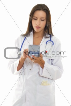 Doctor using a portable device with medical software.