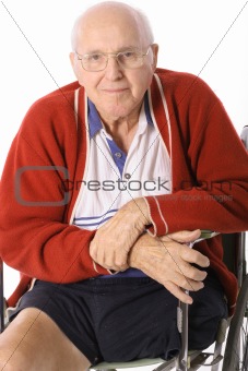 handicap man in wheelchair with leg amputation isolated on white