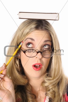 shot of a blonde woman thinking with book on head