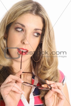 shot of a blonde woman thinking