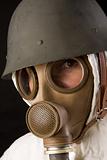 woman in gas mask and helmet