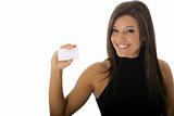 shot of a happy woman looking at a business card