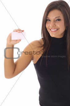 shot of a happy woman looking at a business card vertical
