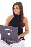 shot of a happy woman checking email on laptop vertical angle