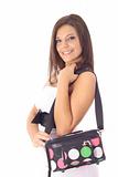 shot of a woman with cosmetics tote bag