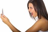 shot of a woman screaming at cellphone vertical