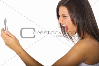 shot of a woman screaming at cellphone vertical