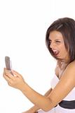 shot of an angry woman screaming at phone vertical