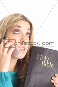 woman calling god isolated on white