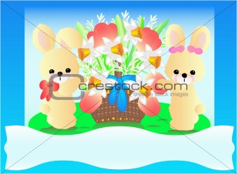 Easter bunnies with a basket full of flowers