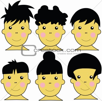 6 Cute Asian Kids Vector Illustration
