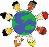 Multicultural Kid Faces United Around Earth Globe Illustration V
