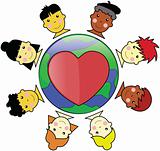 Multicultural Kid Faces United Around Earth With Heart Illustrat