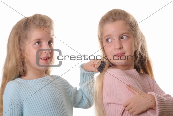 shot of twin child brushing sisters hair