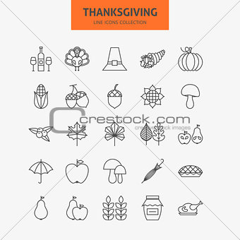Line Thanksgiving Day Holiday Icons Big Set