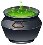 Green magic potion in cauldron. Boiling pot. Halloween accessory object
