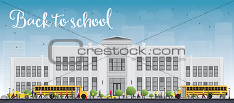 Landscape with school bus, school building and people