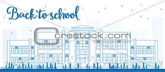 Outline Landscape with school bus, school building and people