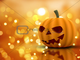 Halloween background with 3D pumpkin and bokeh lights