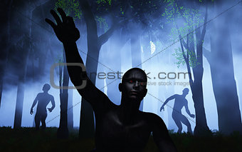 3D zombies in foggy forest