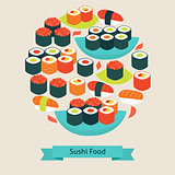 Vector Flat Style Food Sushi Sashimi and Rolls Objects Concept