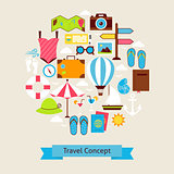 Vector Flat Style Summer Vacation and Travel Objects Concept