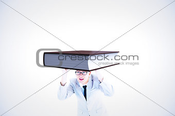 Composite image of businessman peeking