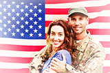 Composite image of soldier reunited with partner