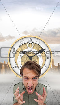 Composite image of overhead angle of frustrated man