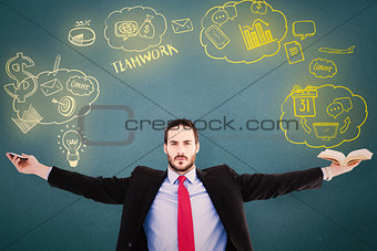 Composite image of unsmiling businessman sitting with arms outstretched