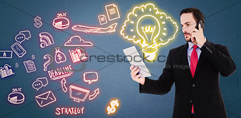 Composite image of businessman talking on phone holding tablet pc