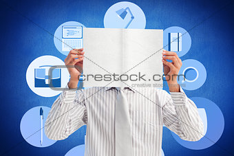 Composite image of businessman holding a white card covering his face