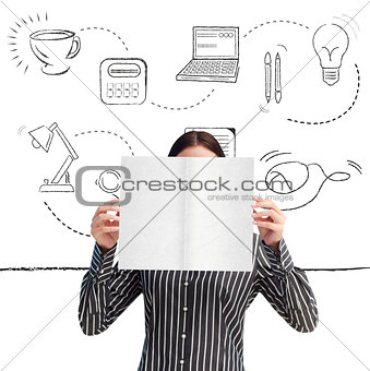 Composite image of businesswoman showing a white card in front of her face