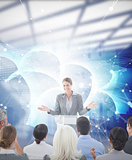 Composite image of businesswoman doing speech during meeting