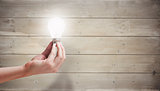 Composite image of hand holding light bulb