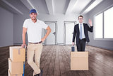 Composite image of happy delivery man leaning on trolley of boxes