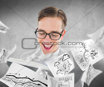 Composite image of geeky preacher reading from black bible