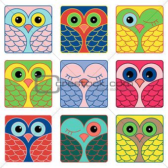Nine funny owl faces in square shapes