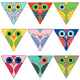 Nine funny owl faces in triangular forms