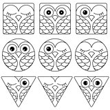 Nine funny owl faces in geometric forms