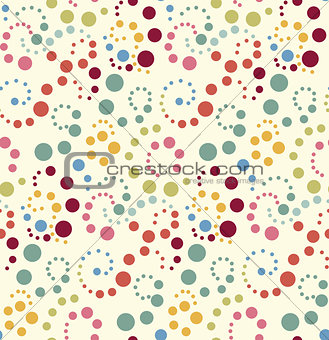 Seamless vector pattern, background or texture with colorful yellow, orange, pink, green and blue polka dots. 