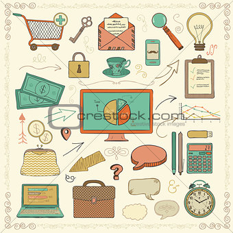 Vector Business Vintage Colorful Hand Sketched Icons