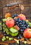 Fresh ripe autumn apples and grapes