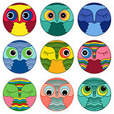 Nine amusing owl faces in a circle