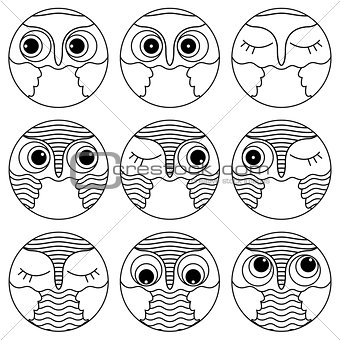 Nine outlines of owl faces in a circle