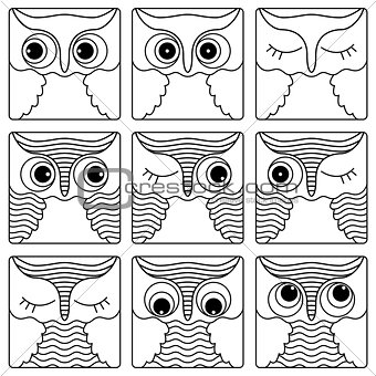 Nine outlines of owl faces in square shapes