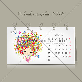 Calendar 2016, october month. Season girls design