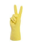 Yellow cleaning glove, victory sign